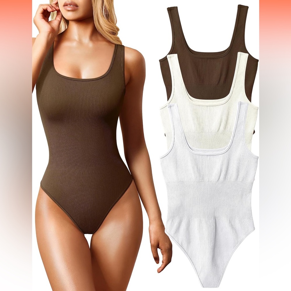 3 pack Women's Ribbed Bodysuit - Brown, White, Cream
